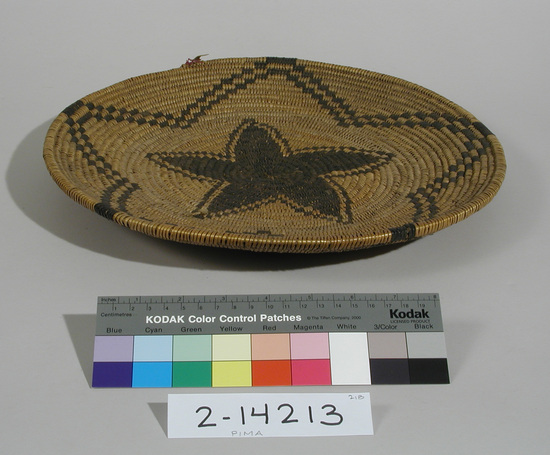 Hearst Museum object titled Plaque, accession number 2-14213, described as Coiled basketry; black star design.