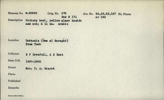 Documentation associated with Hearst Museum object titled Bowl, accession number 6-20280, described as Pottery bowl, yellow glaze inside and out; diameter 11 cm. Arabic