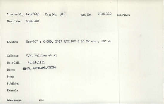 Documentation associated with Hearst Museum object titled Awl, accession number 1-128646, described as Bone awl. Notice: Image restricted due to its potentially sensitive nature. Contact Museum to request access.