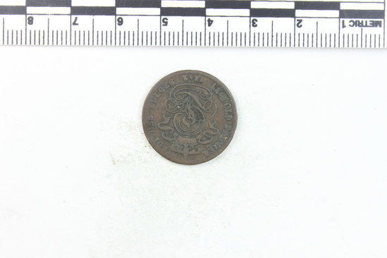 Hearst Museum object titled Coin, accession number 7-6170, described as Belgium coin, copper, two centimes, obverse seated lion, above "L'UNION FAIT LA FORCE", below "2 CENTs", reverse crown over stylized "L", inscribed "LEOPOLD PREMIER ROI DES BELGES 1843", date 1832-1855.