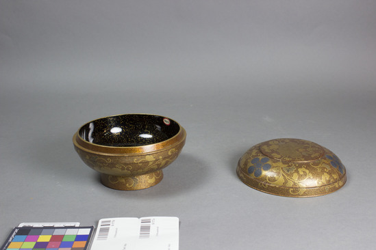 Hearst Museum object titled Bowl and cover, base, accession number 9-177a,b, described as Gold lacquer bowl with cover