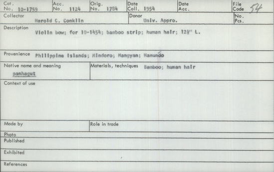 Documentation associated with Hearst Museum object titled Musical bow, accession number 10-1759, described as Violin bow for 16-1454; bamboo strip;  human hair; 12½ inches long.