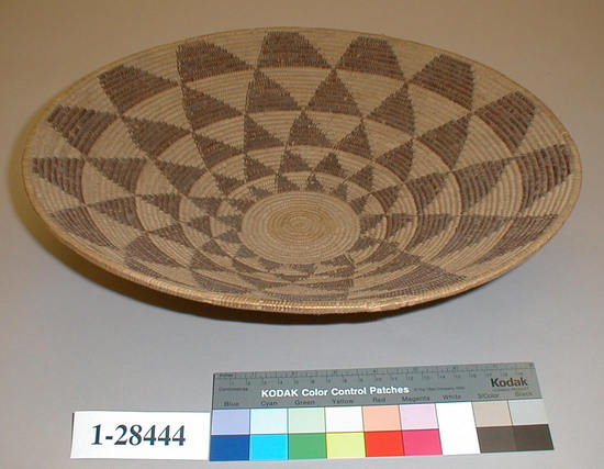 Hearst Museum object 1 of 3 titled Basket, accession number 1-28444, described as Coiled basket.  Shallow, flaring.  Triangular design.