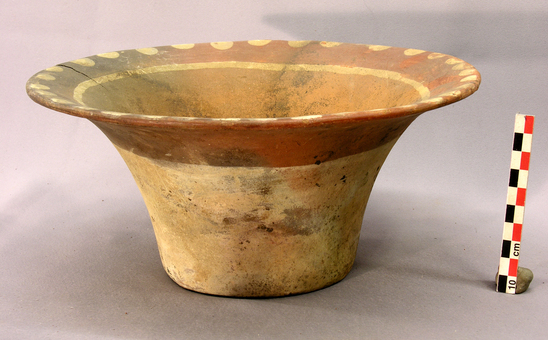 Hearst Museum object titled Bowl, accession number 4-2738, described as Large flaring bowl, flat bottomed, row of white dots on lip.