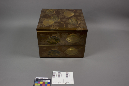 Hearst Museum object titled Box w/ lid, accession number 9-5687a-c, described as Box, 2 drawers and lid; copper tone lacquer inside and out; outside decoration inlay shells with scenes; inlay country scene inside lid