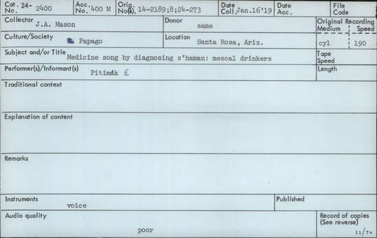 Documentation associated with Hearst Museum object titled Audio recording, accession number 24-2400, described as Medicine song by diagnosing shaman: mescaldrinkers