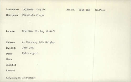 Documentation associated with Hearst Museum object titled Porcelain fragments, accession number 1-155025, described as Porcelain fragments. Notice: Image restricted due to its potentially sensitive nature. Contact Museum to request access.