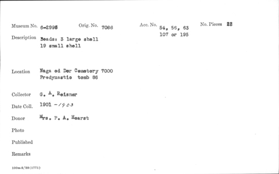 Documentation associated with Hearst Museum object titled Beads, accession number 6-2996, described as beads, three large shell, 19 small shell