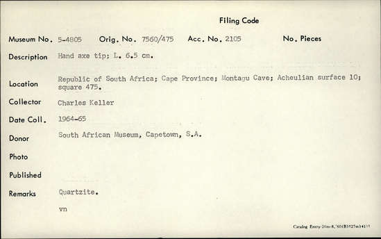 Documentation associated with Hearst Museum object titled Handaxe, accession number 5-4805, described as Hand axe tip; Length 6.5 cm.