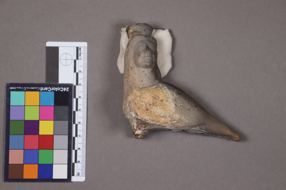 Hearst Museum object titled Figurine, accession number 8-3295, described as Harpy Flask, delicately modeled facial features, hair and neck, plump bird shaped body with two small stumpy legs and long tail; opening with flared rim on top of head. Surface abrasion on breast.