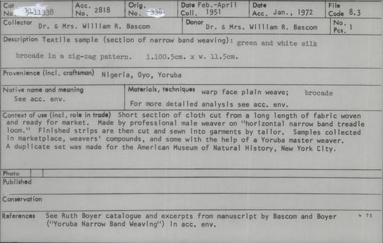 Documentation associated with Hearst Museum object titled Textile fragment, accession number 5-11338, described as textile sample (section of narrow band weaving): green and white silk brocade in a zig-zag pattern.