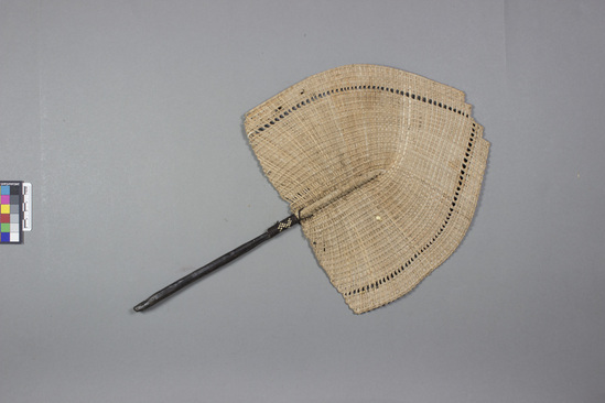 Hearst Museum object titled Fan, accession number 11-1638, described as Lace work fan, stick of Samoan ebony.