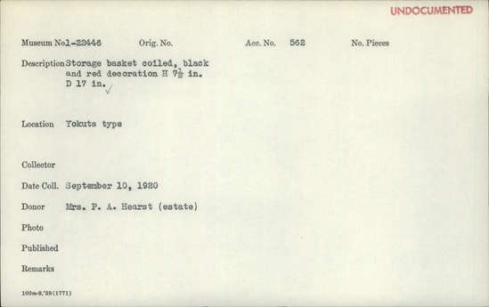 Documentation associated with Hearst Museum object titled Storage basket, accession number 1-22446, described as Coiled, black and red decoration.