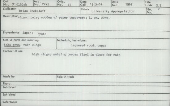 Documentation associated with Hearst Museum object titled Shoes, accession number 9-9162a,b, described as Clogs; pair; wooden with paper toe covers; high clogs; toecap fixed in place for rain.