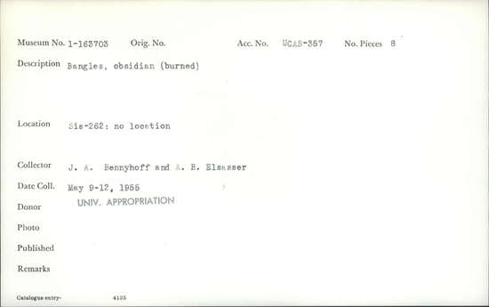 Documentation associated with Hearst Museum object titled Bangles, accession number 1-163703, described as Obsidian, burned.