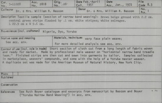 Documentation associated with Hearst Museum object titled Textile fragment, accession number 5-11028, described as Textile sample (section of narrow band weaving). Brown beige ground 2.2 cm central green stripe flanked by .1 cm white stripes; white selvages.