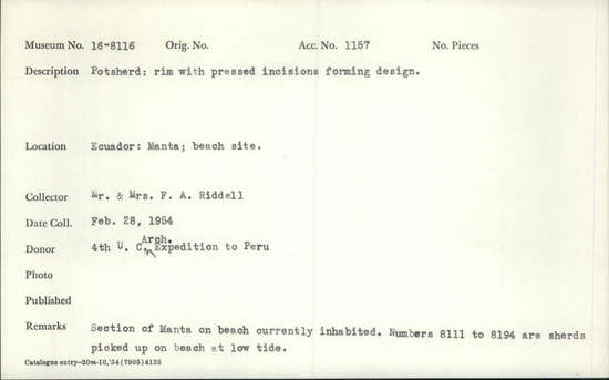 Documentation associated with Hearst Museum object titled Potsherd, accession number 16-8116, described as Potsherd: rim with pressed incisions forming design