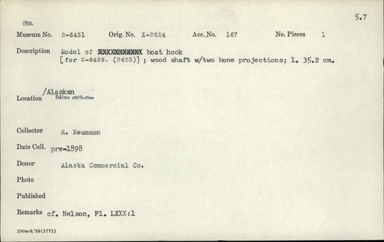 Documentation associated with Hearst Museum object titled Boat hook model, accession number 2-6431, described as Model of boat hook [for 2-6429 (2622)]. Wood shaft with two bone projections.
