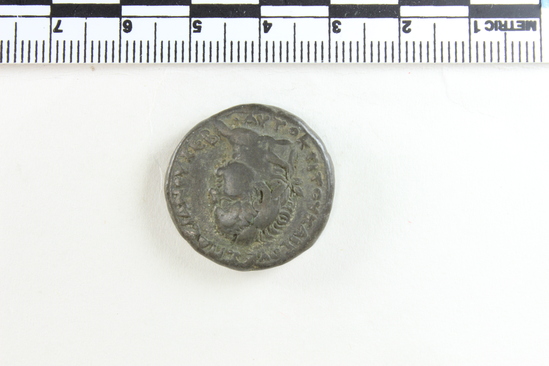Hearst Museum object 6 of 6 titled Coin: billon tetradrachm, accession number 6-22641, described as Obverse; Head of Titus, right, laureate.  Reverse; Homonoia seated left.
