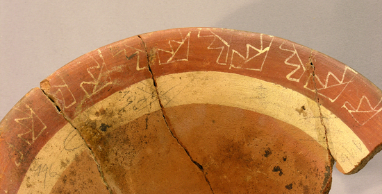 Hearst Museum object 3 of 4 titled Bowls, accession number 4-2824a, described as Flat-bottomed flaring bowl; red, with slight design in white