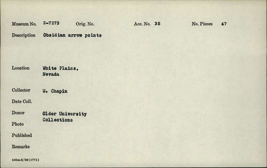 Documentation associated with Hearst Museum object titled Projectile point, accession number 2-7273, described as Obsidian arrow points.