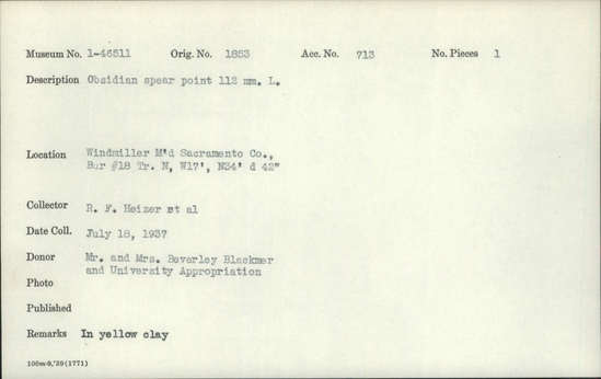 Documentation associated with Hearst Museum object titled Spear point, accession number 1-46511, described as Obsidian Notice: Image restricted due to its potentially sensitive nature. Contact Museum to request access.