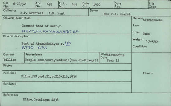 Documentation associated with Hearst Museum object titled Coin: billon tetradrachm, accession number 6-22552, described as Crowned head of Nero, r.