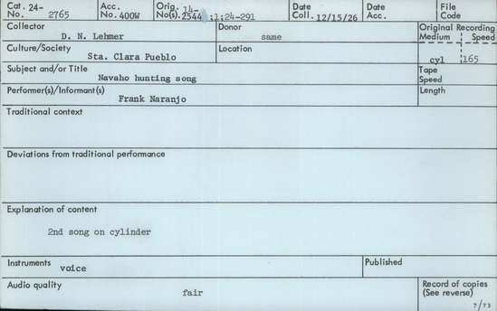 Documentation associated with Hearst Museum object titled Audio recording, accession number 24-2765, described as Navajo Hunting Song