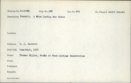 Documentation associated with Hearst Museum object titled Wax cylinder recording, accession number 14-1082, described as Warm Springs War Dance (Paxamit) Song