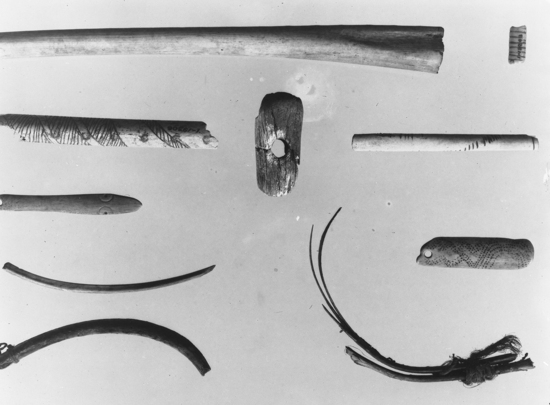 Hearst Museum object titled Black-and-white negative, accession number 15-6039, described as Bird bones and bone pendants: 1-19307, 19266, 19267, 19264, 19265, 19315, 19262, 19306, 19319, 19263 [in pencil “Ch-18”]