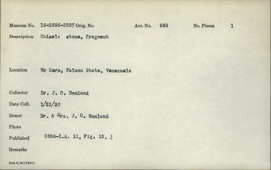 Documentation associated with Hearst Museum object titled Chisel, accession number 16-2896, described as Chisel; stone, fragment