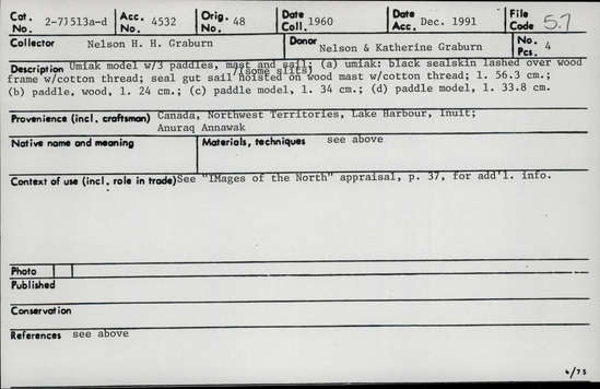 Documentation associated with Hearst Museum object titled Umiak model, accession number 2-71513a, no description available.