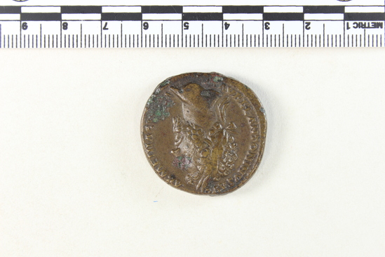 Hearst Museum object 7 of 8 titled Coin: æ sestertius, accession number 8-4865, described as Coin; AE; Sestertius; Roman. 27.70 grams, 32 mm. Marcus Aurelius, 165-166 AD. Rome, Italy. Obverse: M AVREL ANTONINVS AVG ARMENIACVS PM, bust r. laureate. Reverse: TR.POT XX IMP III COS III, Providentia standing l. holding wand and scepter, globe at feet; in field S.C.