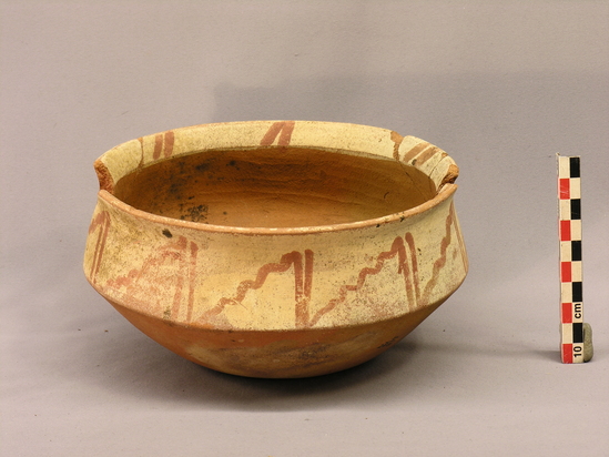 Hearst Museum object 4 of 5 titled Bowl, accession number 4-2801, described as Red and white bowl, slightly incurved