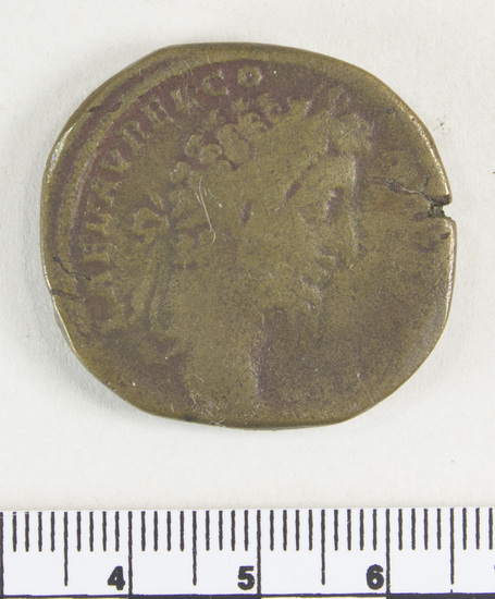 Hearst Museum object 6 of 8 titled Coin: æ, accession number 8-7588, described as Coin; Rome; Commodus (?)