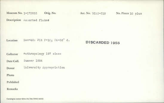 Documentation associated with Hearst Museum object titled Assorted flakes, accession number 1-173833, described as Assorted flakes.