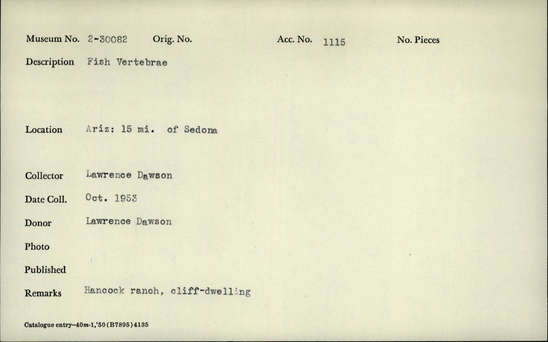 Documentation associated with Hearst Museum object titled Fish bone, accession number 2-30082, described as Fish vertebrae