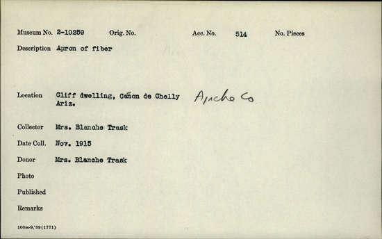 Documentation associated with Hearst Museum object titled Apron, accession number 2-10259, described as Made of fiber.