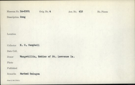 Documentation associated with Hearst Museum object titled Wax cylinder recording, accession number 14-2301, described as Song