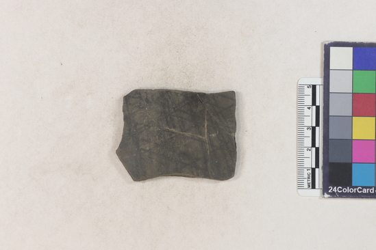 Hearst Museum object titled Potsherd, accession number 16-8122, described as Potsherd; body, long crosshatches. Section of Manta on Beach currently inhabited. Numbers  8111 to 8194 are sherds picked up on beach at low tide.