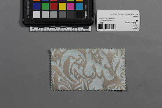 Hearst Museum object titled Fabric sample, accession number 2-72272, described as 100% long staple cotton sample, no. 5193 Campanelle design, aquamarine and silver color, Fortuny Inc.