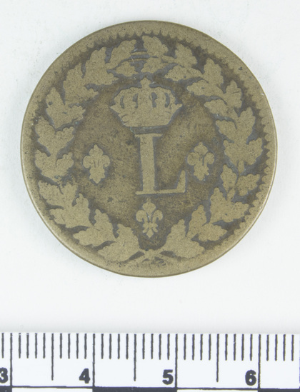 Hearst Museum object titled Coin: æ 1 decime, accession number 7-2990, described as Coin: Cu; Obverse- (cipher of Louis XVIII Reverse- Un. Décime. 1815. BB; 19.07 grams, minted at Strasbourg.
