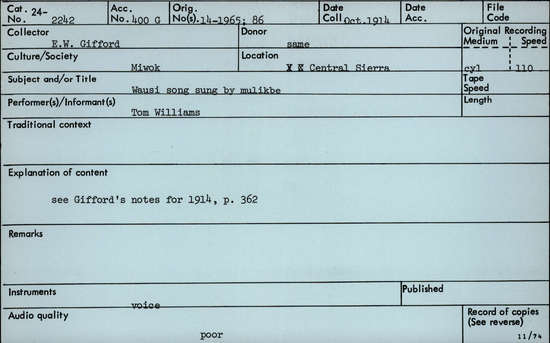 Documentation associated with Hearst Museum object titled Audio recording, accession number 24-2242, described as Wausi Song (sung by mulikbe)