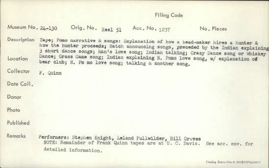 Documentation associated with Hearst Museum object titled Audio recording, accession number 24-130.NC#9.A.6, described as Grass Game Song (hani ani nowe)