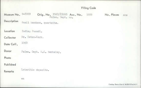 Documentation associated with Hearst Museum object titled Handaxe, accession number 9-5989, described as Small handaxe, quartzite