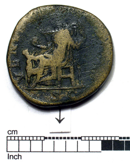 Hearst Museum object 2 of 8 titled Coin: æ, accession number 8-6266, described as Coin: AE; JULIA.SOAEMIAS - 19.92 grms. Obverse: IVLIA SOAE MIAS AVG - bust facing right, draped, diademed. Reverse: VEN[VS CAELESTIS], SC in ex - Venus (Greek: Aphrodite) seated l. holding apple & Sceptre: child at her feet