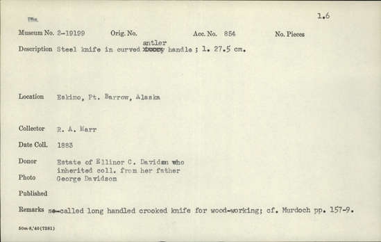 Documentation associated with Hearst Museum object titled Knife, accession number 2-19199, described as Steel knife in curved antler handle.  So-called long handled crooked knife for wood-working.