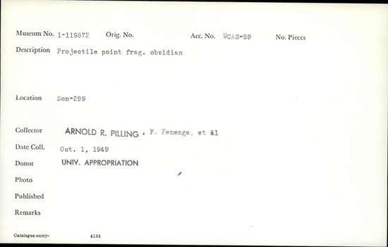 Documentation associated with Hearst Museum object titled Projectile point fragment, accession number 1-119572, described as Obsidian projectile point fragment.