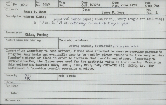 Documentation associated with Hearst Museum object titled Pigeon flute, accession number 9-9604, described as pigeon flute;gourd w/6 bamboo pipes;brownstain;ivory tongue for tail ring; ht. 4.4 cm. L. 4.5 cm. cut design on end of largest pipe.