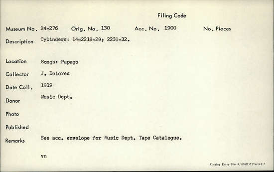 Documentation associated with Hearst Museum object titled Audio recording, accession number 24-276, described as Songs: Papago. See acc. envelope for music dept. tape catalogue. Cylinders: 14-2219-29, 2231-32.